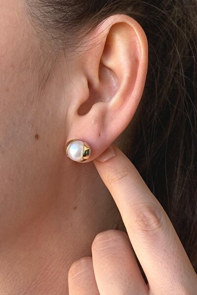 Birinci 14 Ayar Altın 10 mm Doğal İnci Küpe Kolye Yüzük Üçlü Set