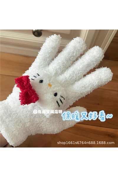 Miniso قفازات Hello Kitty اللطيفة من Sanrio Kitty المصنوعة من القطيفة المرجانية الدافئة في فصل الشتاء قفازات الحلوى الملونة Hello Kitty Cuteglo