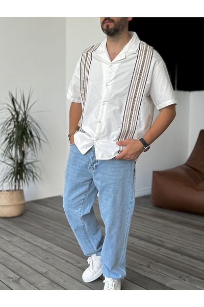 BYBASICMAN Ecru Embroidered Short Sleeve Shirt V-802