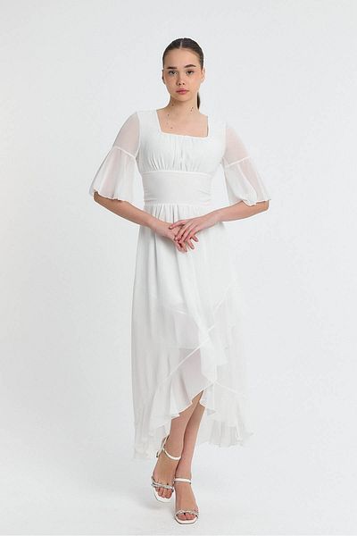Laranor Ecru Asymmetrical Cut Flywheel Detail Chiffon Wedding - Invitation - Graduation Dress 25L8020