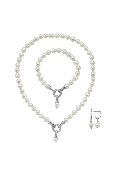 Birinci 925 Ayar Gümüş Zirkon Taşlı Halka Kilitli Doğal Damla İnci Küpe Kolye...