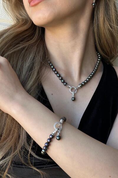 Birinci 925 Ayar Gümüş 8 mm Zirkon Taşlı Halka Kilitli Doğal İnci Küpe Kolye ...