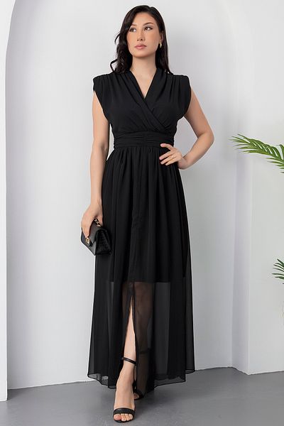 PULLIMM Double Breasted Neckline Slit Chiffon Dress Dks1255