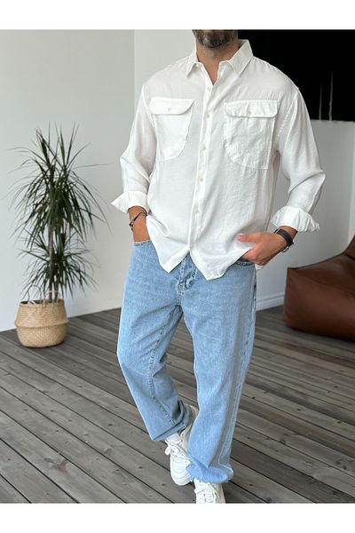 BYBASICMAN White Pocket Button Long Sleeve Shirt V-40-715