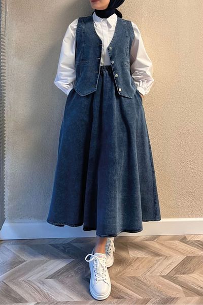 Bestenur 3-Piece Denim Vest Skirt Shirt Set 1400 - Blue