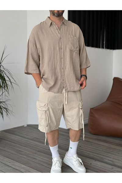 BYBASICMAN Beige Pocket Basic Linen Short Sleeve Shirt C-1692