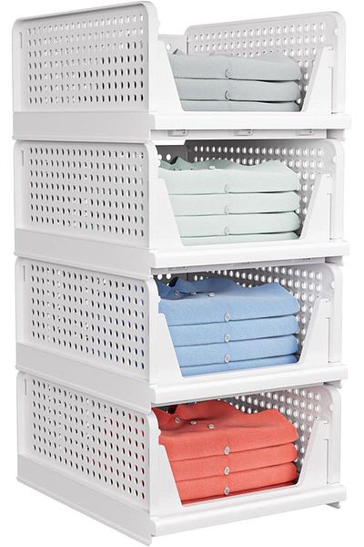 COOYA 4 Pack Folding Closet Organizers Storage Box,Stackable Plastic Basket,for Drawer Shelf Cupboard