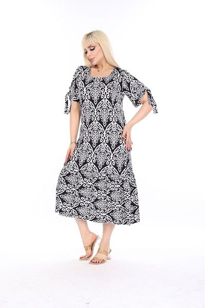 mezura tekstil Plus Size Above Knee Square Neck Tie Detailed Short Sleeve Viscose Combed Cotton Stylish Design Comfortable Dress