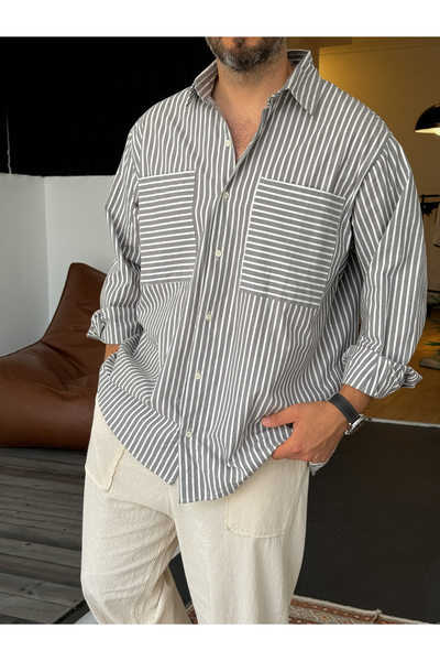 BYBASICMAN Anthracite Reverse Line Pocket Shirt V-40-366