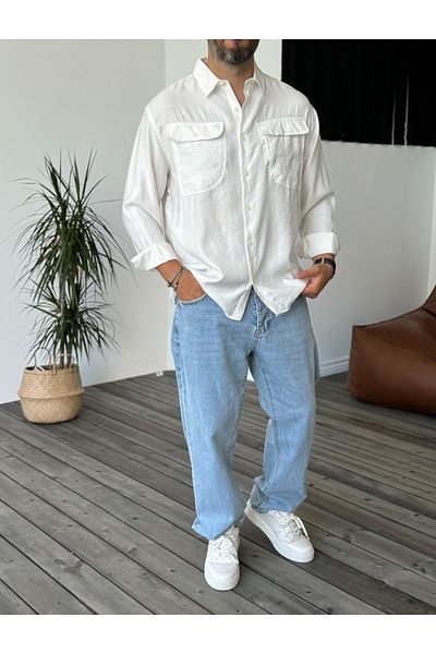 BYBASICMAN White Pocket Button Long Sleeve Shirt V-40-715