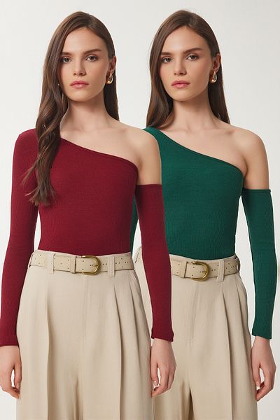 Lovelyİstanbul Verde Burgundy LTG0002 Bluză tricotată din 2 piese cu umăr deschis