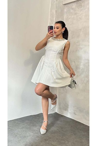 Appleline Rochie de zi cu zi cu pandantiv de piatră, cu talie, albă