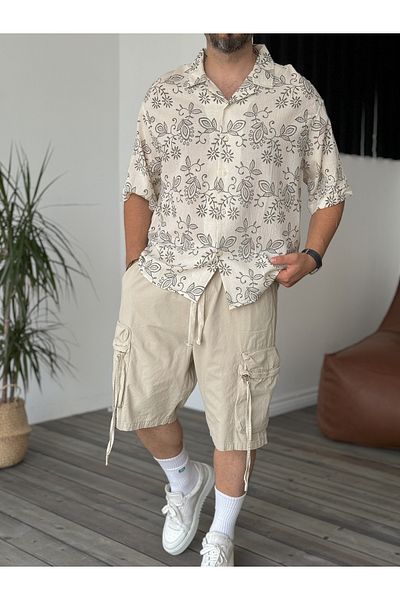 BYBASICMAN Ecru Internal Patterned Short Sleeve Shirt V-40-940