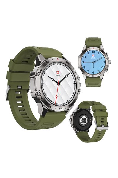 Swiss Military DOM5 Smartwatch 1.43" AMOLED,BT Calling,Health & Sports Tracking, IP68,Silver Frame with Green Strap