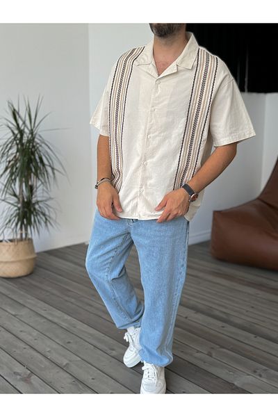 BYBASICMAN Beige Embroidered Short Sleeve Shirt V-802