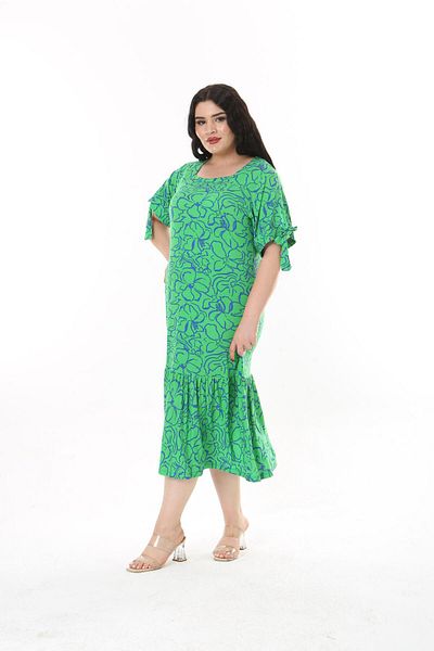 mezura tekstil Plus Size Above Knee Square Neck Tie Detailed Short Sleeve Viscose Combed Cotton Stylish Design Comfortable Dress
