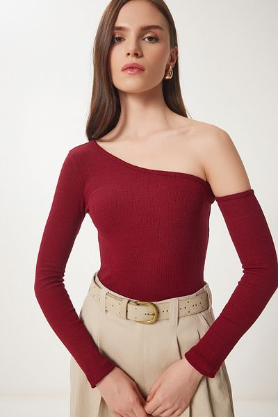 Lovelyİstanbul Verde Burgundy LTG0002 Bluză tricotată din 2 piese cu umăr deschis