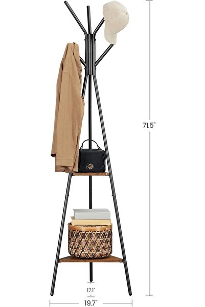 COOYA Standing Three-pronged Coat Rack, Home Sturdy Durable Clothes Bag Hanger,with Storage Shelves Black