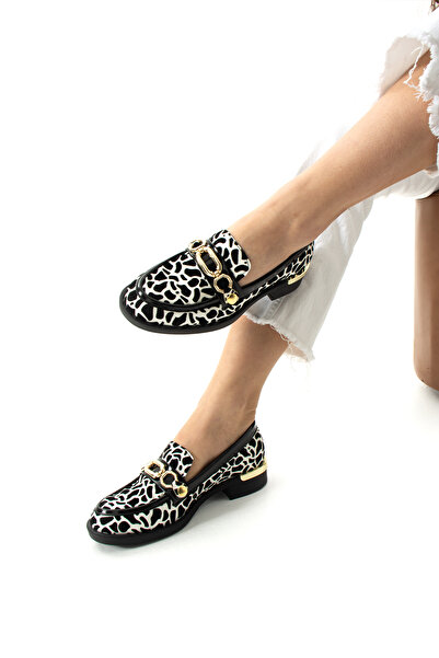 Güllü Shoes Жіночі біло-чорні замшеві веганські шкіряні лофери з зебраним візерунком, зручні для щоденного носіння, з замінюваними пряжками