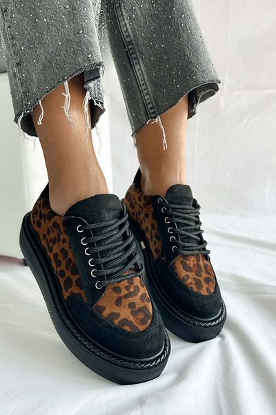 Shoebutik Tenis pentru femei Hillary Black Leopard cu șireturi