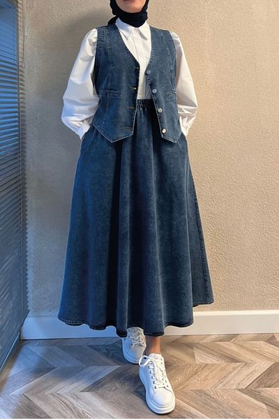 Bestenur 3-Piece Denim Vest Skirt Shirt Set 1400 - Blue
