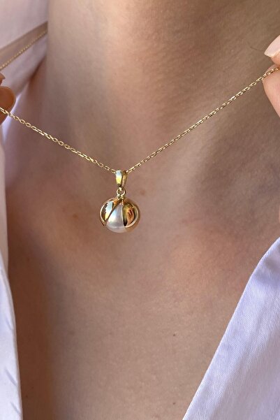 Birinci 14 Ayar Altın 10 mm Doğal İnci Küpe Kolye Yüzük Üçlü Set