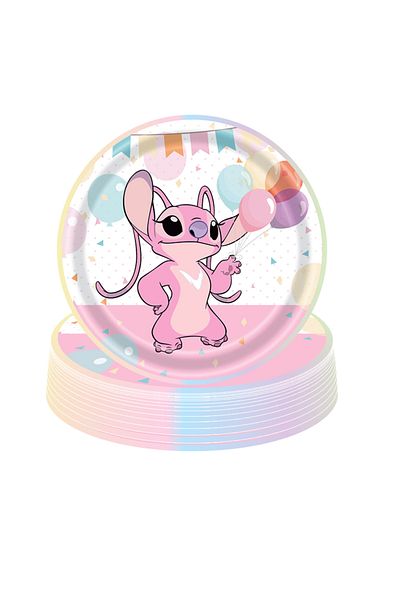 Disney 10pcs 7in Plate Pink Stitch Angel Birthday Party Decoration Disposable Tableware Cup Napkin Tableclo