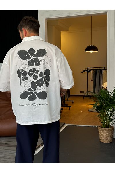 BYBASICMAN White Flowers Embossed Short Sleeve Shirt V-40-813