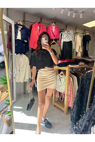 Butik Bej drapeli mini etek