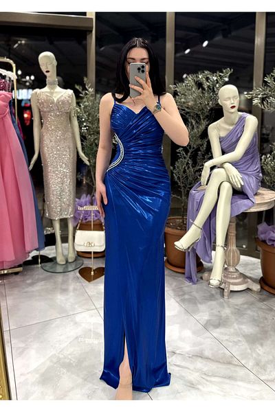 missswans Long Brilliant Blue Dress with Stone Detail and Split Sarah Draped Style