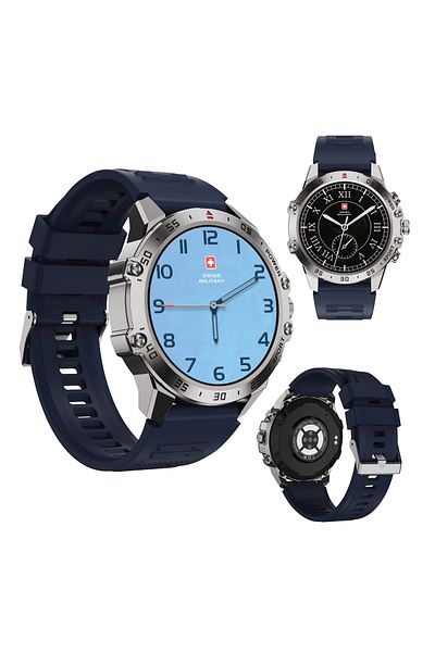 Swiss Military DOM5 Smartwatch 1.43" AMOLED,BT Calling,Health & Sports Tracking, IP68,Silver Frame with Blue Strap