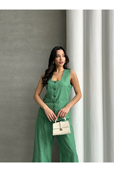 MD trend Square Collar Vest and Palazzo Trousers Double Linen Aerobin Set