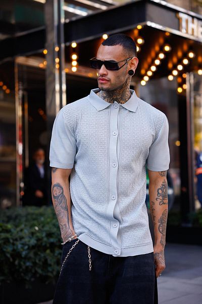 Pobudo Gray Color Detailed Short Sleeve Knitwear Shirt