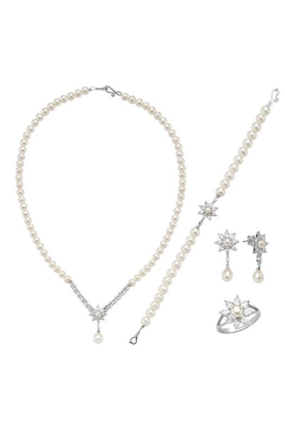 Birinci 14 Ayar Altın 6 mm Papatya Modelli Doğal İnci Küpe Kolye Bileklik Yüzük Dörtlü Set