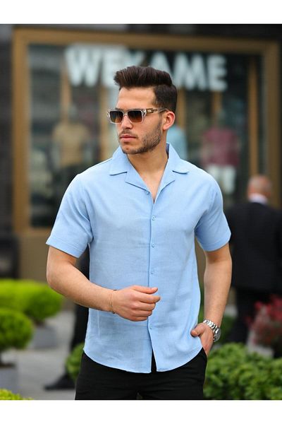 Pobudo Blue Color Cotton Linen Short Sleeve Shirt
