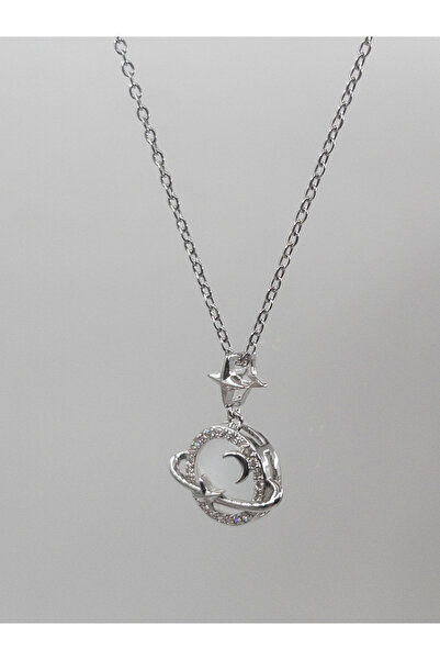 Siya Silver Zirkon Taşlı Ay Yıldızlı Gezegen Çelik Kolye