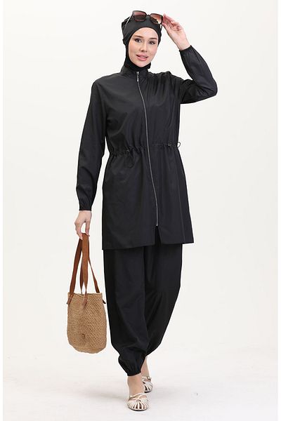 sefamerve Elastic Waist Zippered Hijab Swimsuit with Bonnet Gift 9004-03 Black