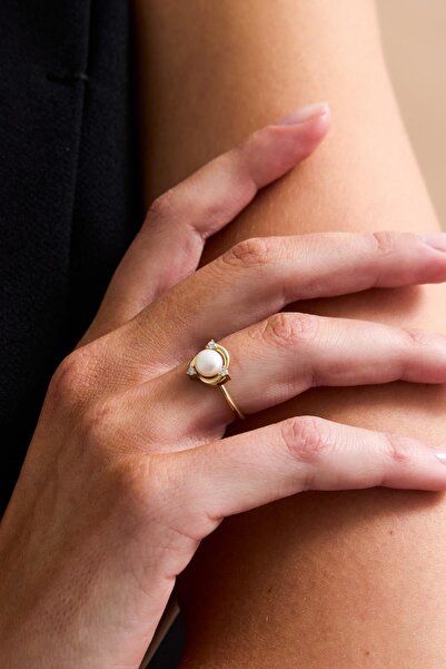 Birinci 14 Ayar Altın 6 mm Zirkon Taşlı Doğal İnci Küpe Kolye Yüzük Üçlü Set