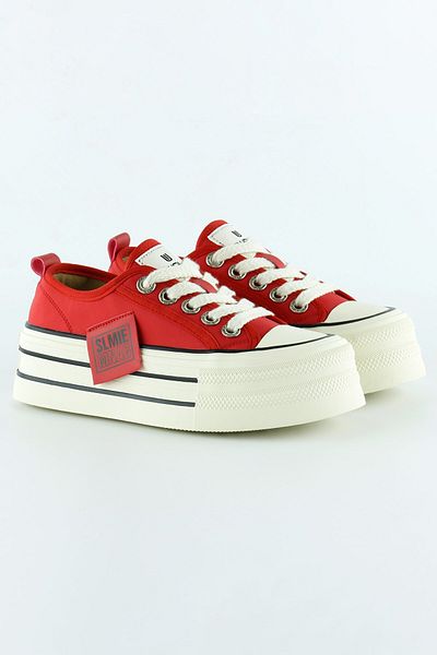 Erkan Saçmacı Red Satin High Sole Sports Stone Lace-Up Platform Sneaker