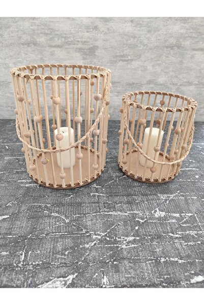 Sorgun Kadın Kooperatifi El Yapımı Boncuklu Bambu Fener 2li Set (25cm - 20cm)