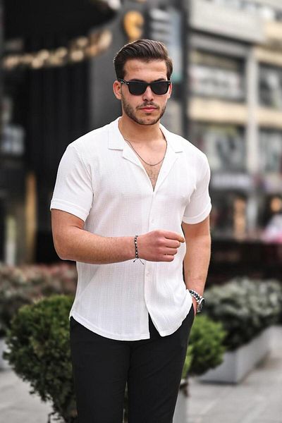 Pobudo White Color Shawl Collar Crepe Men's Shirt
