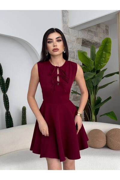 LuVinGen Kadın Şık Skater Elbise - Bağcık Detaylı, Kolsuz