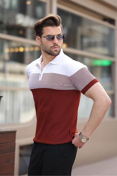 Madmext Ανδρικό μπλουζάκι με πλεκτό γιακά πόλο Brick Color Block E7409