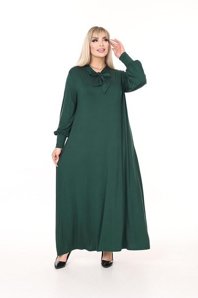 mezura tekstil Women's Tie Collar Long Sleeve Hijab Suitable Long Viscose Combed Cotton Dress