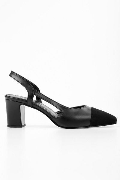 Shoeberry Women's Elya Black Skin Thick Heeled Shoes