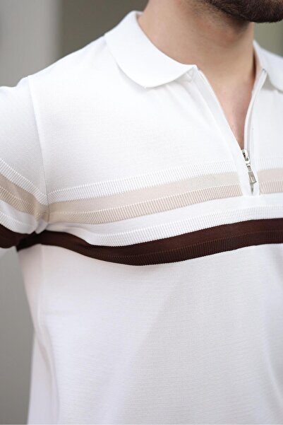 Madmext Tricou alb pentru bărbați, cu guler polo, cu fermoar, E7299