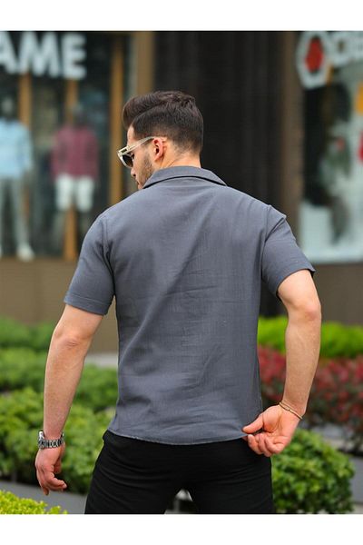 Pobudo Anthracite Color Cotton Linen Short Sleeve Shirt