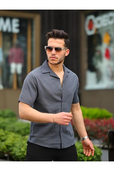 Pobudo Anthracite Color Cotton Linen Short Sleeve Shirt