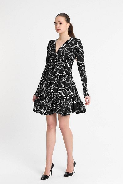 Laranor Chain Pattern Double Breasted Collar Moving Skirt Dress Day - Night Elegance 19L6440