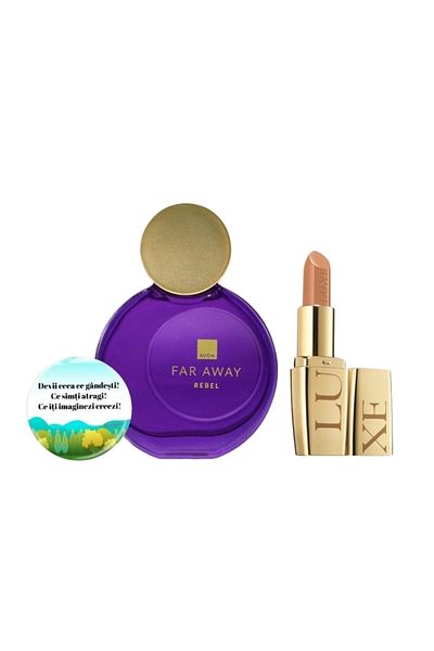 AVON Far Away Rebel + badge + Luxe Nude lipstick